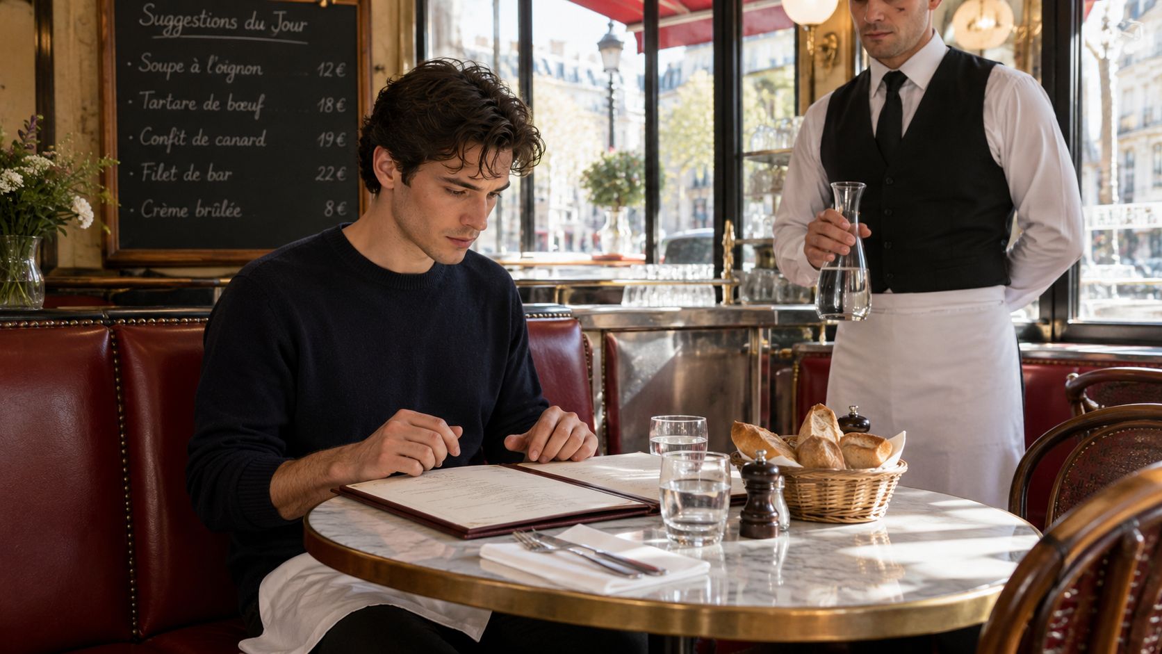 A young man sitting at a bistro table, reviewing a menu while a server approaches with water.
