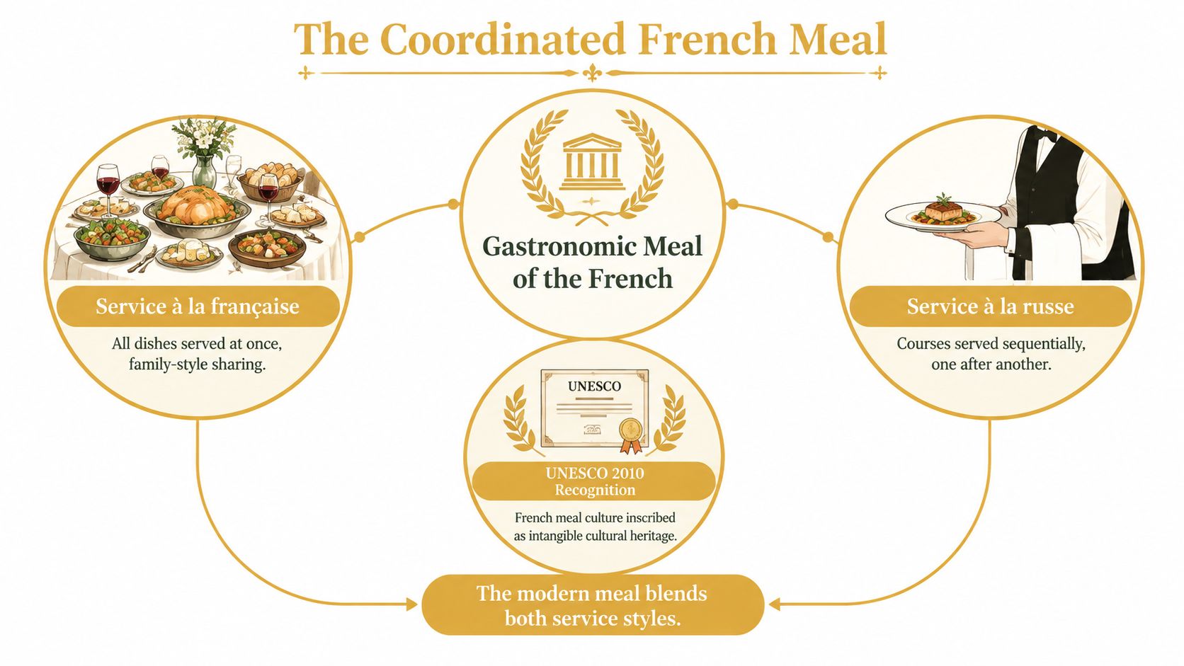 An infographic showing the two service styles of French dining, Service à la française and Service à la russe.