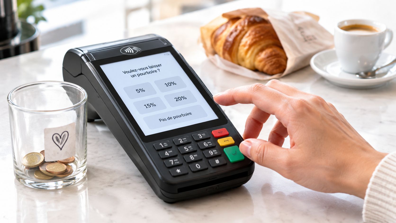 A hand pressing the digital screen of a payment terminal in a cafe with a croissant nearby.