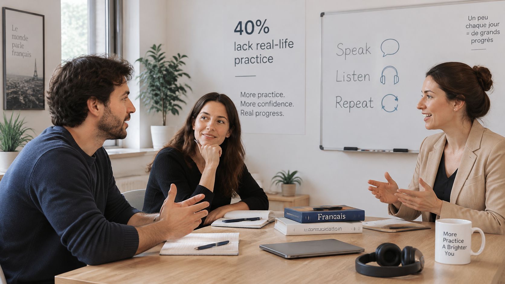 A professional tutor teaching a French language lesson to two students in a bright office environment.