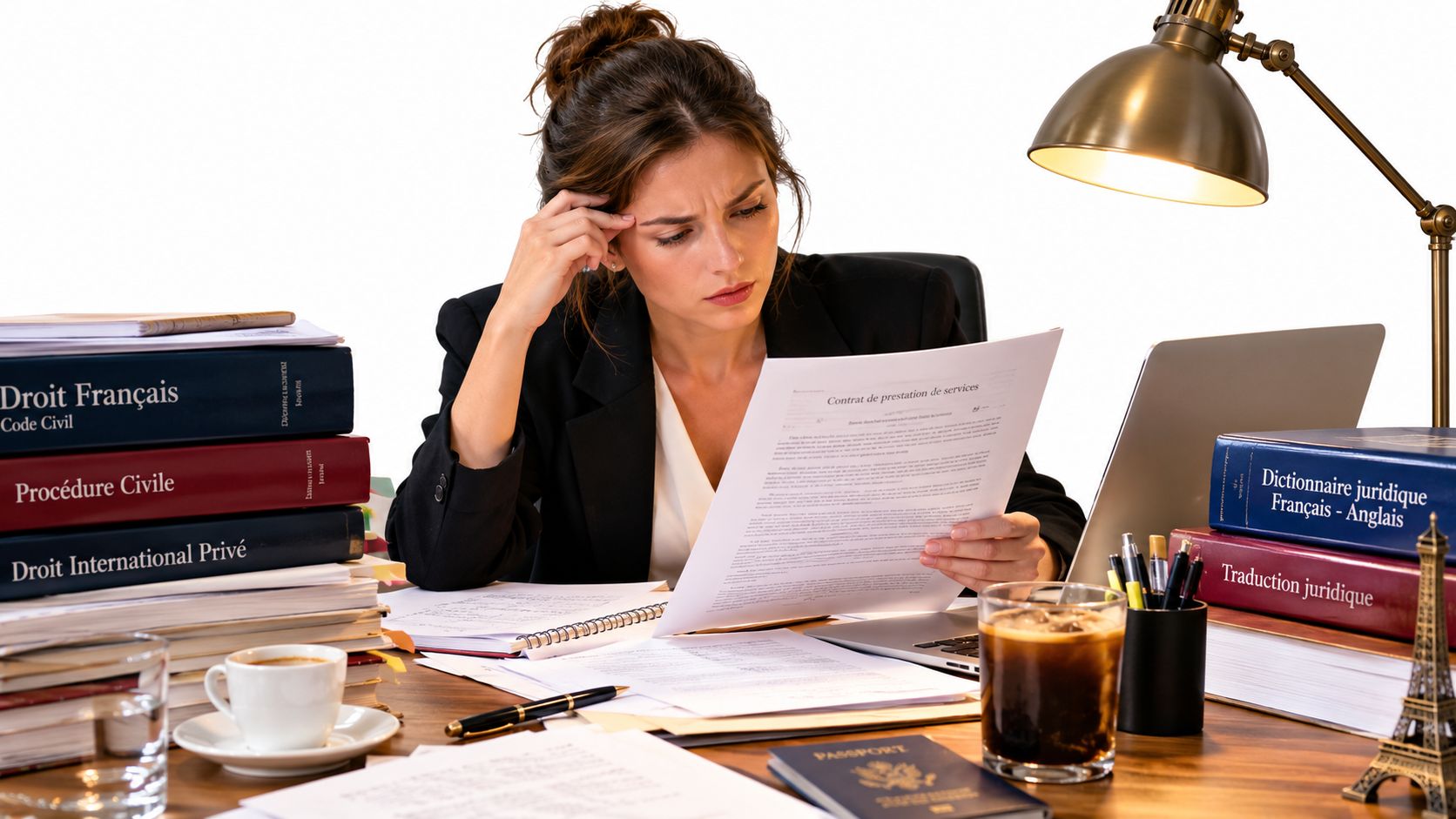 A professional woman studying legal documents at a desk surrounded by French law books and office supplies.