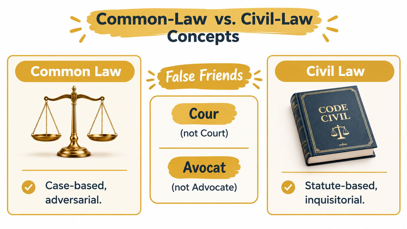 An educational infographic comparing Common Law and Civil Law systems along with common false friend terminology examples.