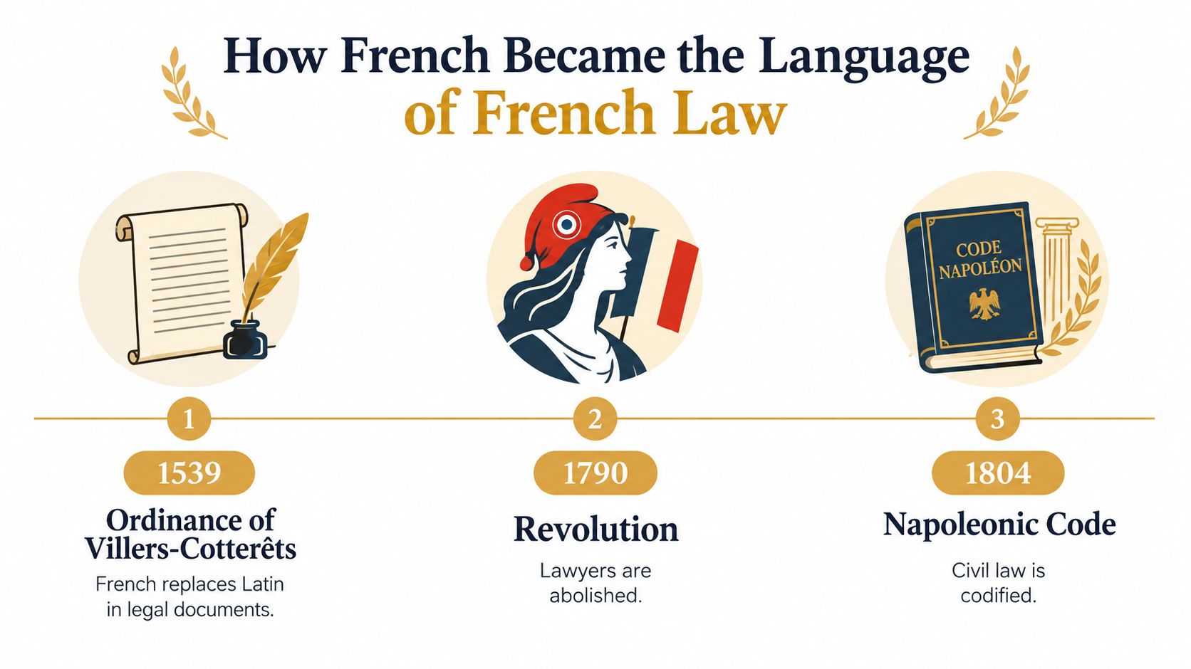 A timeline graphic showing the history of how the French language became the official language of French law.