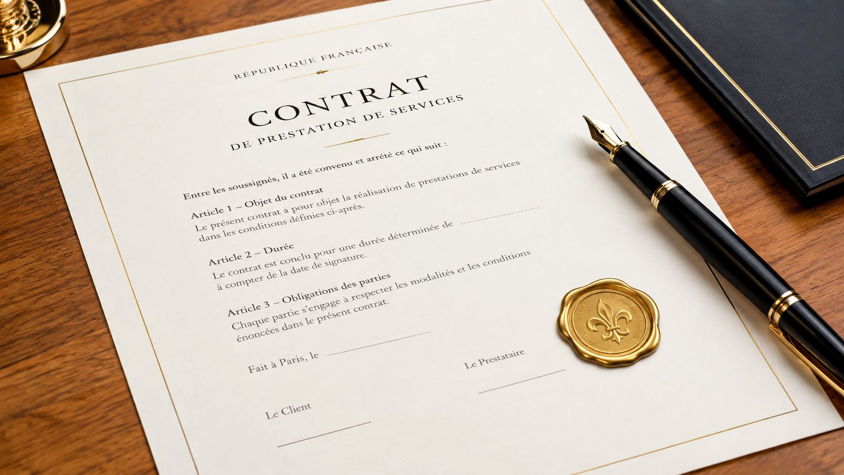 A professional French service contract document rests on a wooden desk with a fountain pen and wax seal.