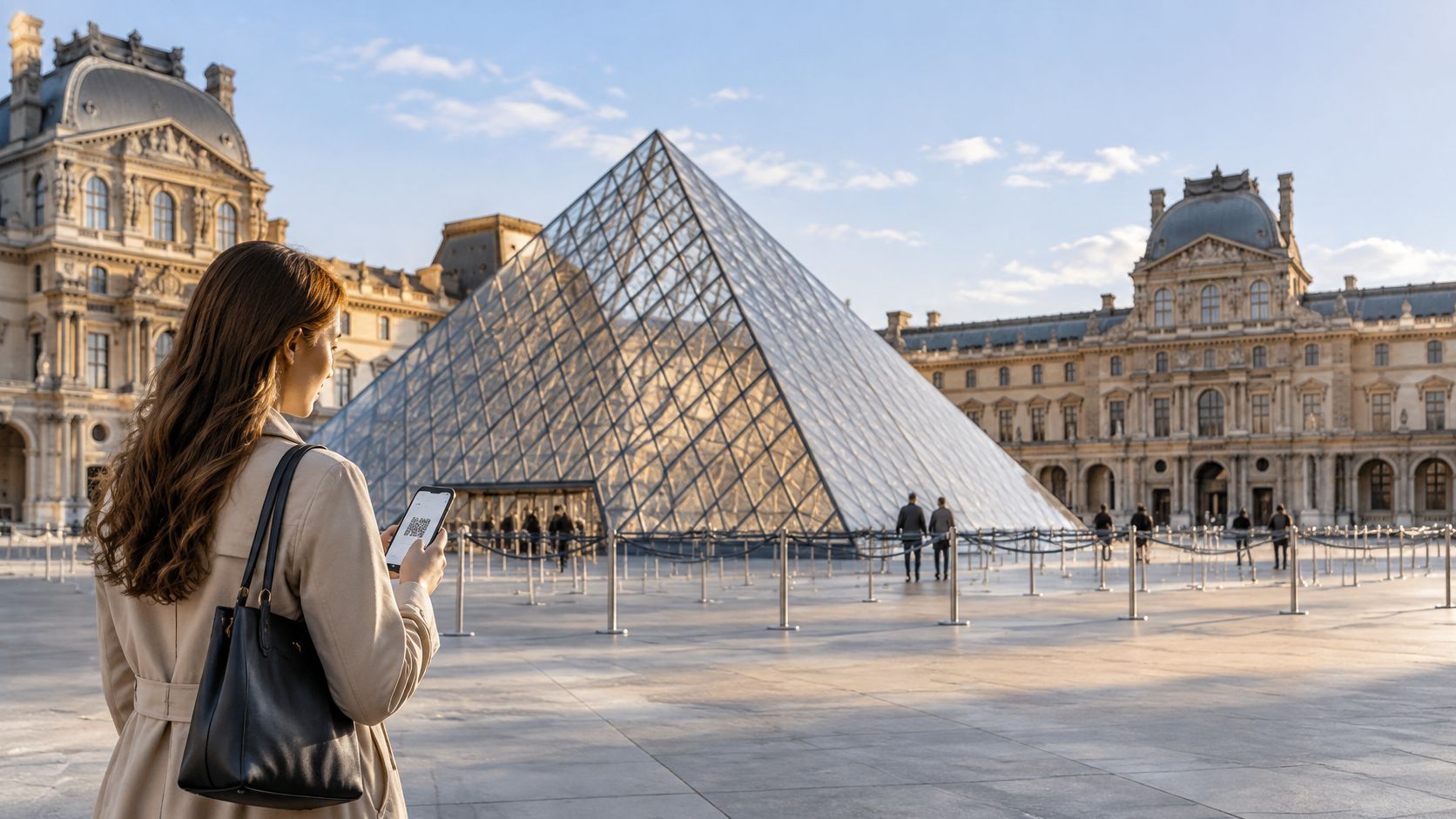 A woman holding a smartphone with a QR code in front of the Louvre Museum in Paris.