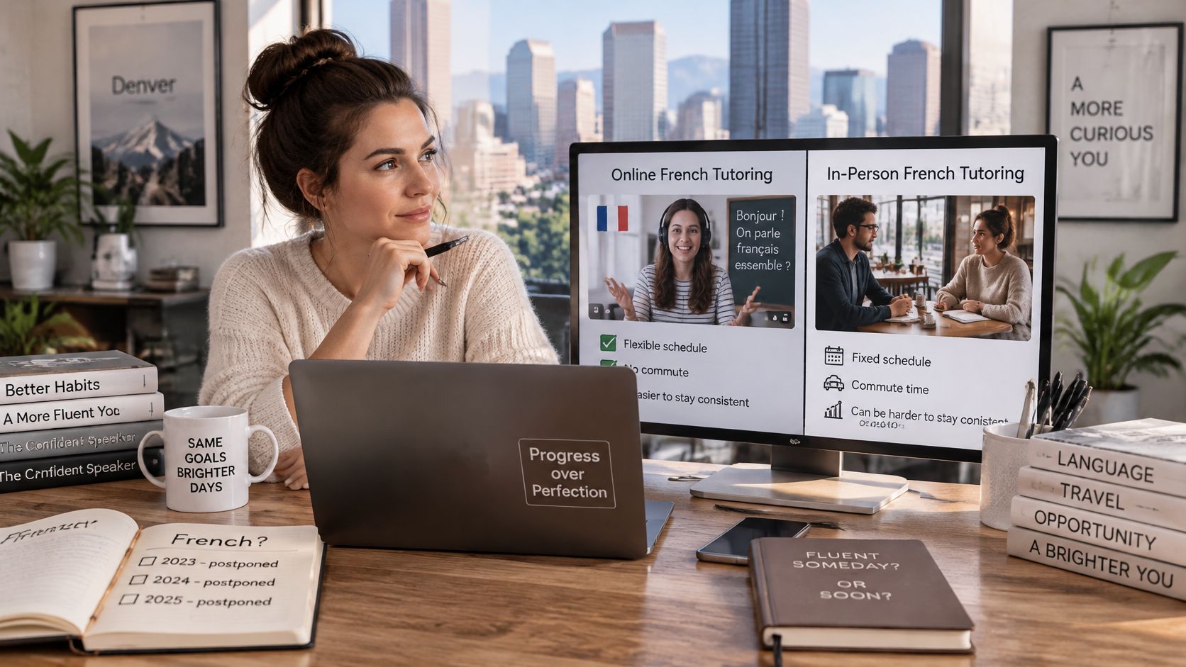 A woman sits at a desk considering French tutoring options on her computer with a cityscape in background.