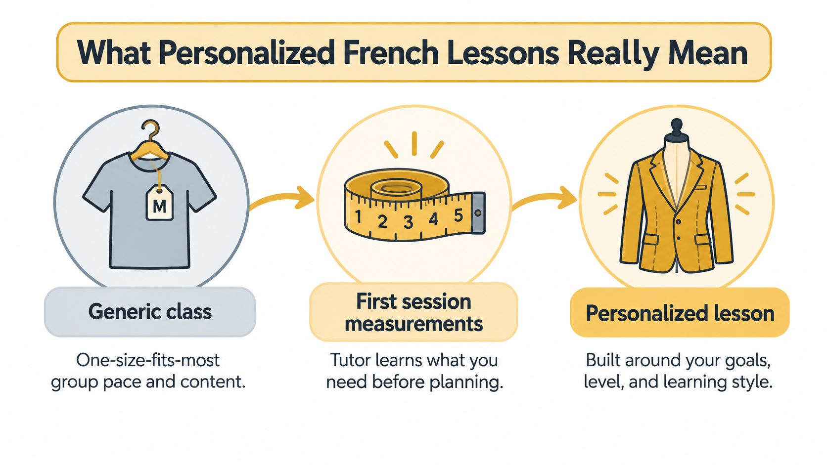 An infographic showing the evolution from generic group French classes to tailored, personalized one-on-one lessons with a tutor.