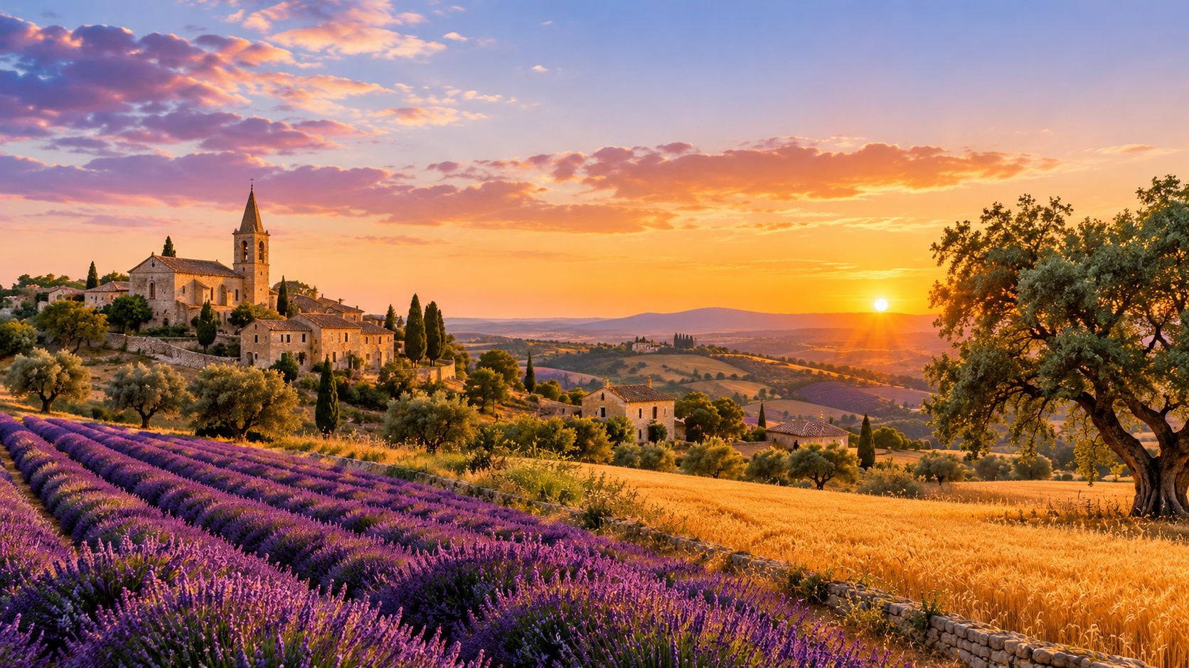 A scenic view of a French lavender field at sunset with a historic village and stone buildings.