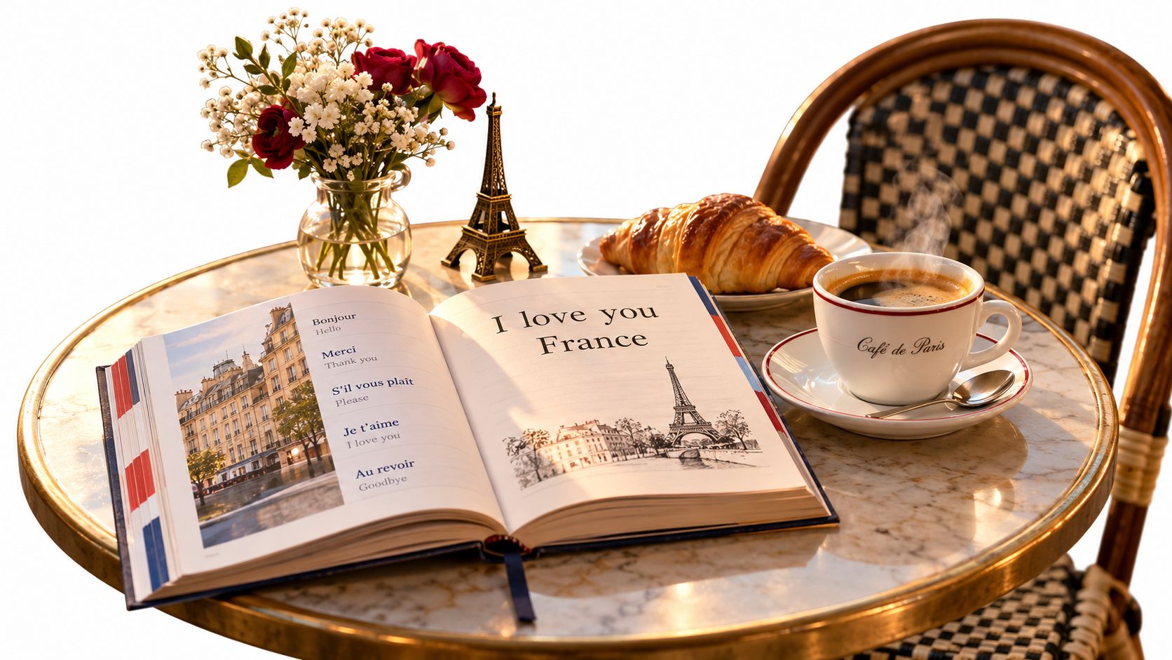 A cafe table in Paris featuring an open French language book, a croissant, and a steaming coffee cup.